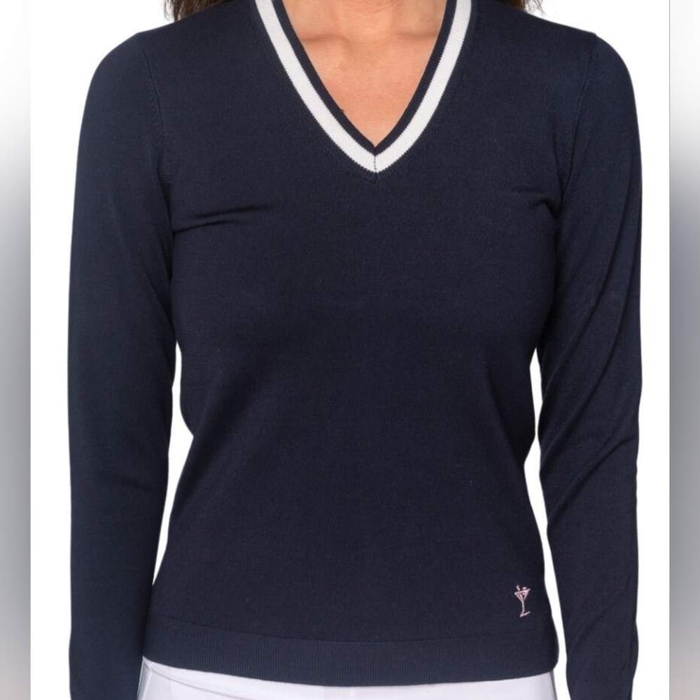 Golftini Women's Long Sleeve V-Neck Sweater - Navy/white - XL